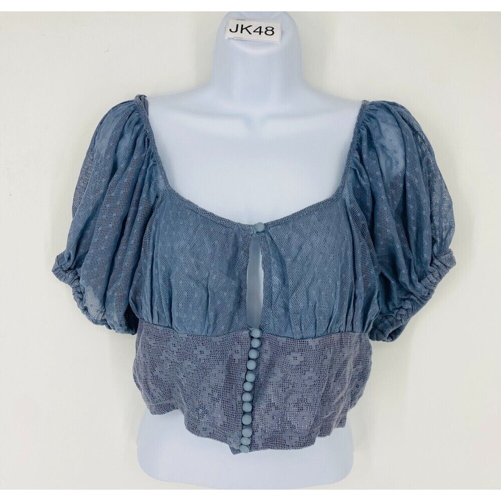 Free People Heartstrings Corset Crop Top XS Dusty Blue Cotton Puff Sleeve Button